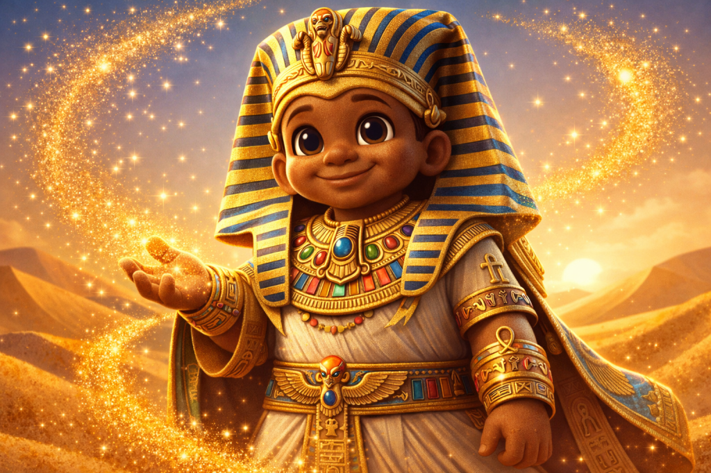 A cartoon character resembling a young Pharaoh, smiling and dressed in traditional Egyptian attire with a headdress, surrounded by sparkling golden dust against a desert landscape at sunset.