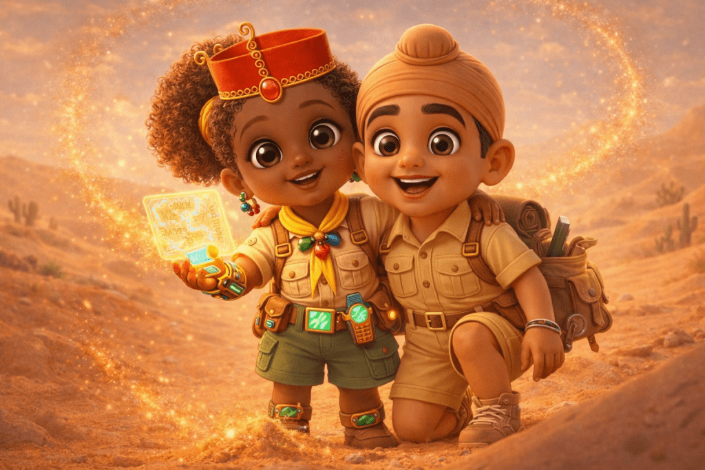 Two animated children dressed as explorers in a desert landscape, smiling and posing together. The girl has curly hair and wears a red headpiece, while the boy has a turban; both hold a glowing artefact.