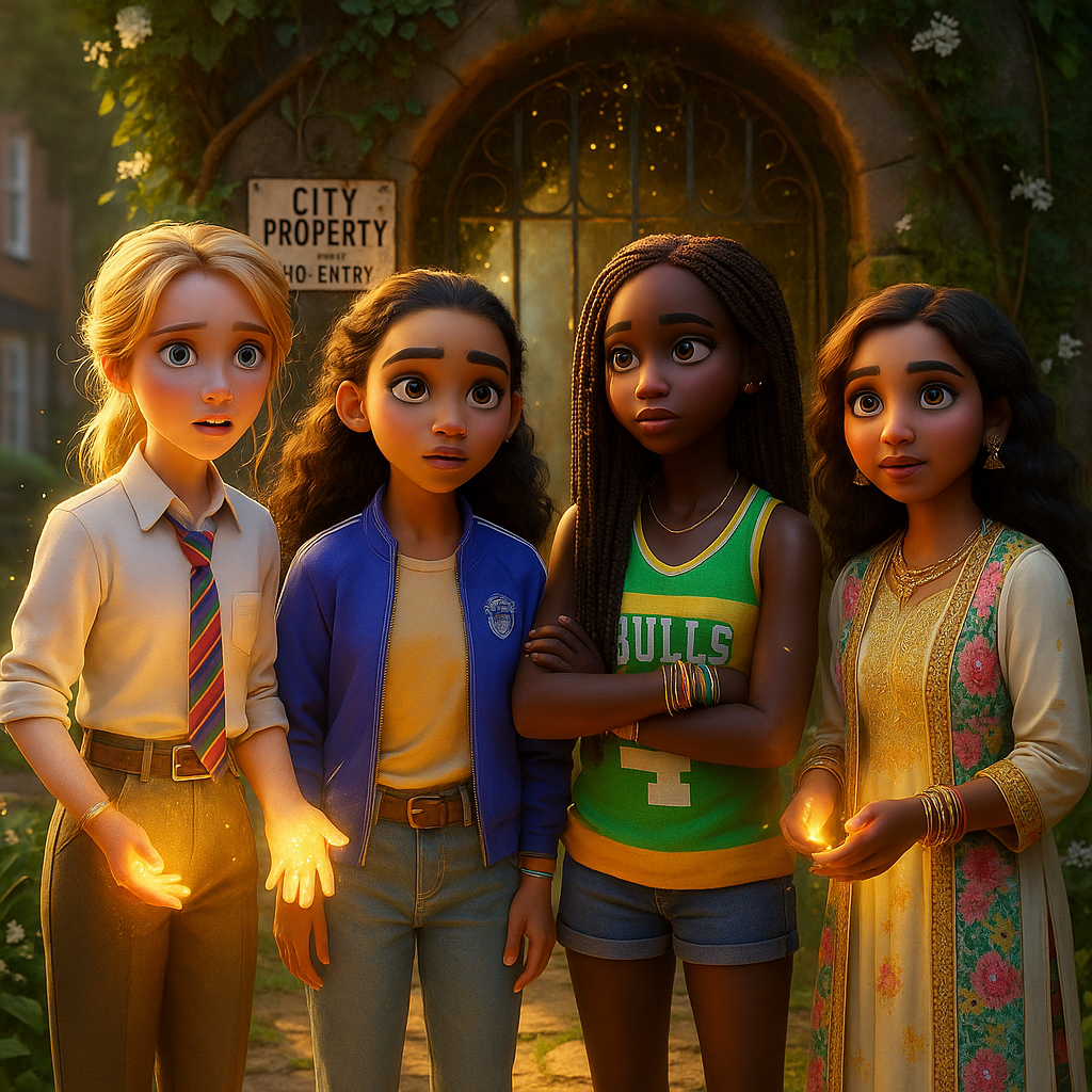 Four young animated characters with diverse features stand in front of a stone archway, one holding glowing orbs of light, set against a backdrop of lush greenery and a sign indicating 'City Property - No Entry'.