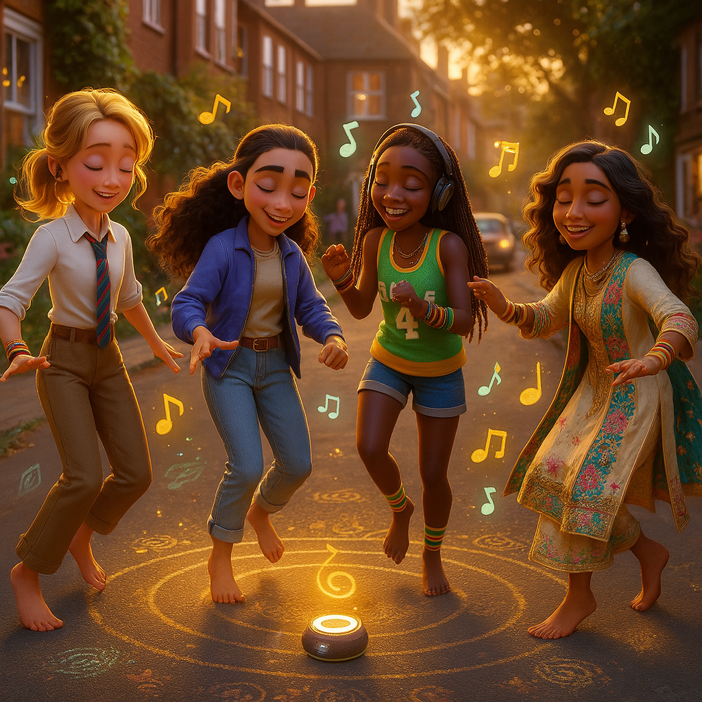 A group of four animated girls dancing joyfully in a street, surrounded by musical notes, with a speaker glowing in the centre. The scene is set during sunset, highlighting a cheerful and lively atmosphere.