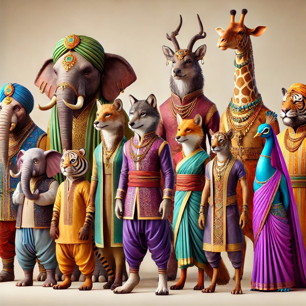A group of anthropomorphic animals dressed in traditional attire, including an elephant, tiger, fox, wolf, giraffe, and peacock, all standing together with vibrant colours and intricate patterns.