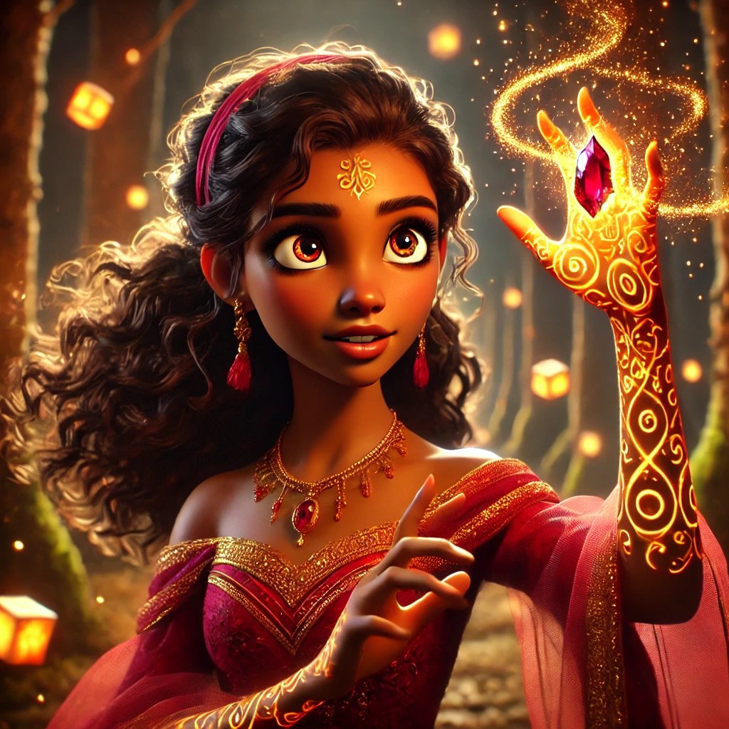 A young woman with curly hair and large expressive eyes, adorned with jewellery and wearing a red dress. She is casting magic with a glowing, decorated hand and a sparkling red gem in her palm, surrounded by a mystical forest.