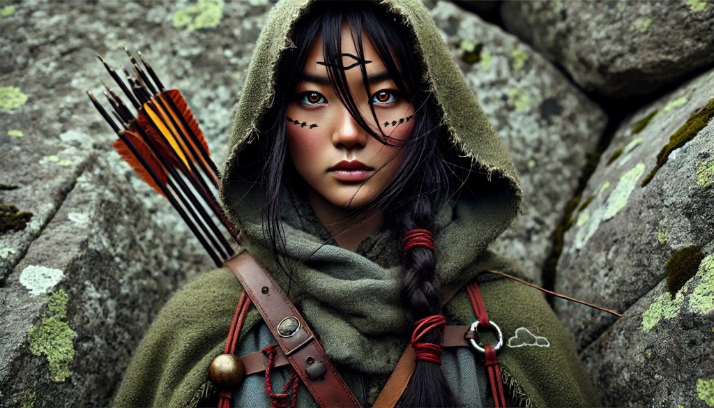 A young woman with long dark hair, wearing a green hooded cloak, stands against a backdrop of rocky terrain. She has facial markings and holds a quiver of arrows on her back.