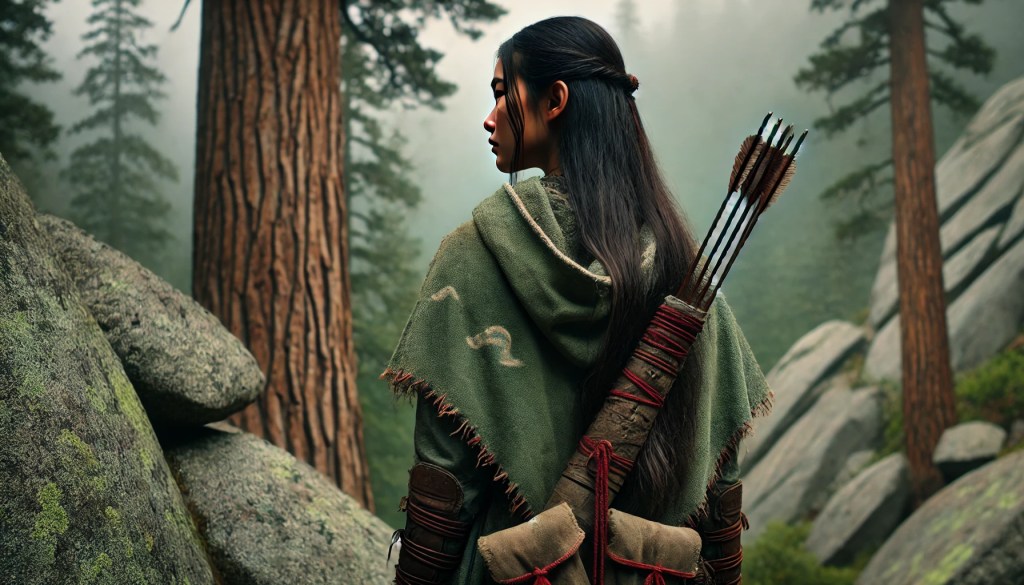 A young woman with long hair stands with her back to the viewer, wearing a green cloak. She has a quiver of arrows slung over her shoulder, surrounded by tall trees and rocky terrain in a misty forest.