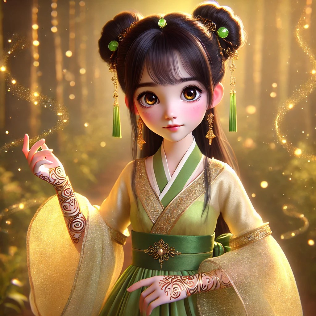 A young girl in a traditional green dress with elegant sleeves and ornate patterns, set against a dreamy forest backdrop. She has long hair styled in two buns adorned with decorative elements, and is casting a magical glow with her hand.