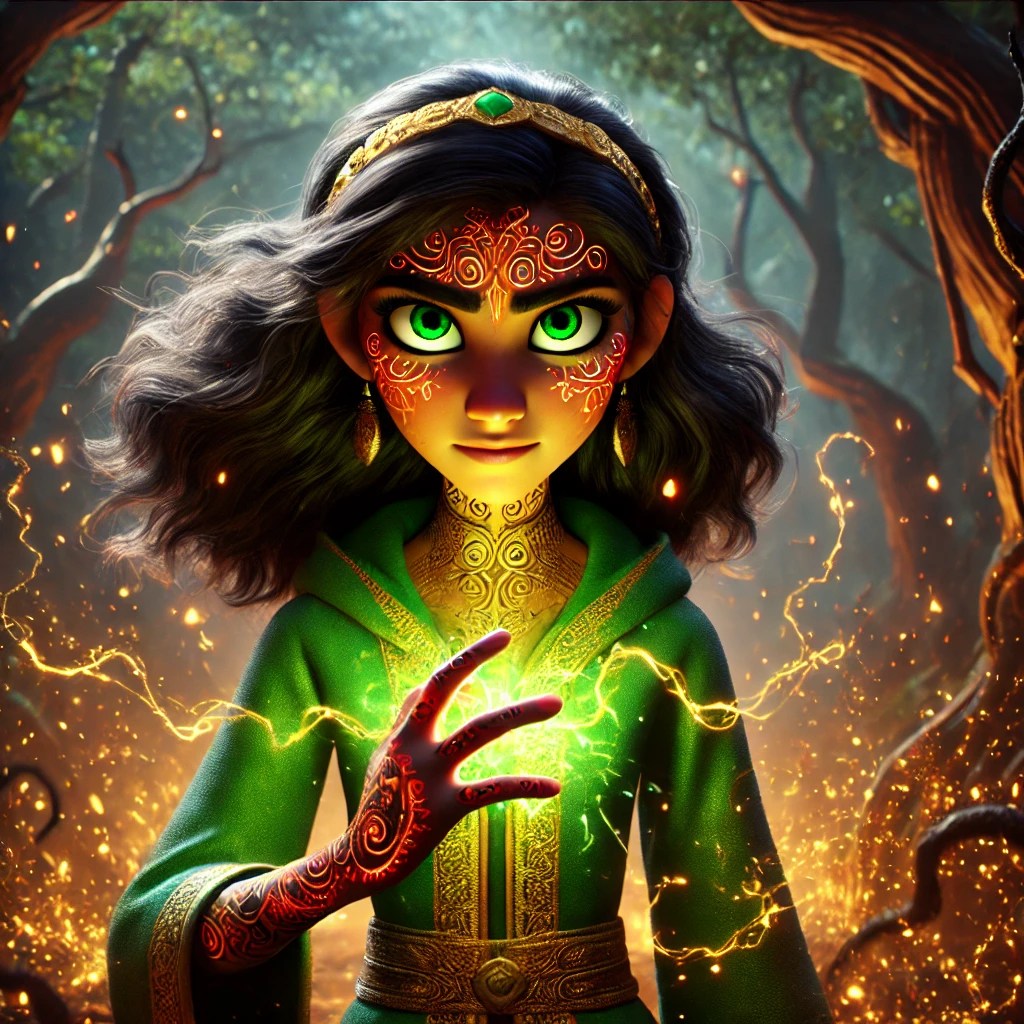 A young girl with long dark hair and green eyes, wearing a green cloak, holds a glowing orb in her hand. She has intricate red patterns on her arms and face, set against a mystical forest background with sparkling lights.