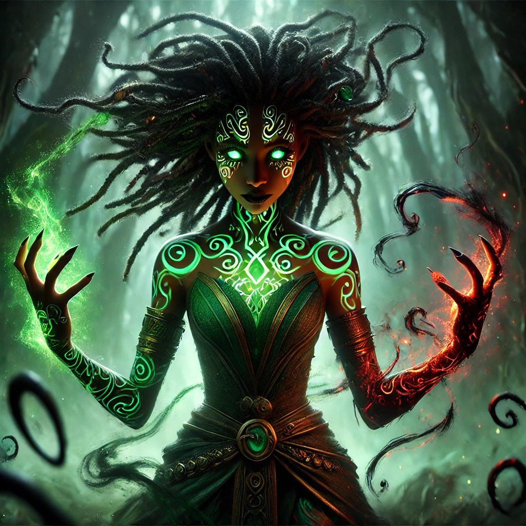 A mystical woman with dreadlocks and glowing green eyes, adorned with intricate green and black tattoos, stands in a dark, enchanted forest. She holds shimmering green energy in one hand and fiery red energy in the other.