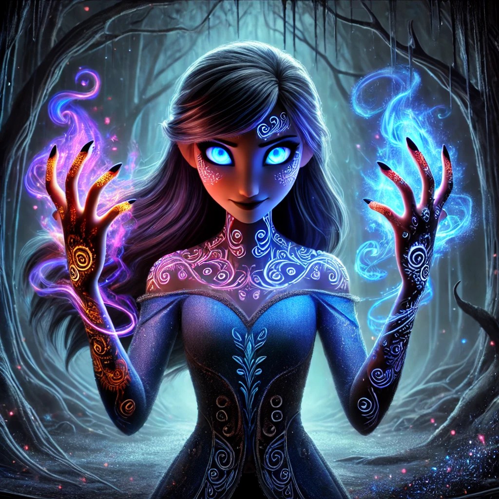 A mystical character with glowing blue eyes and intricate patterns on her skin, showcasing magical energy in both hands, set against a dark, enchanted forest backdrop.