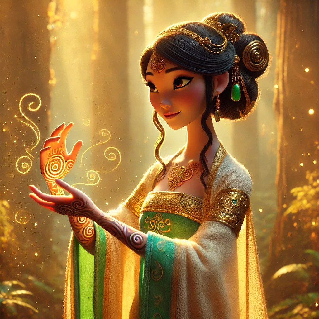 A mystical animated woman with flowing hair, adorned in a green and gold robe, stands in a sunlit forest, gracefully holding her hand with intricate patterns, surrounded by glowing swirls of energy.