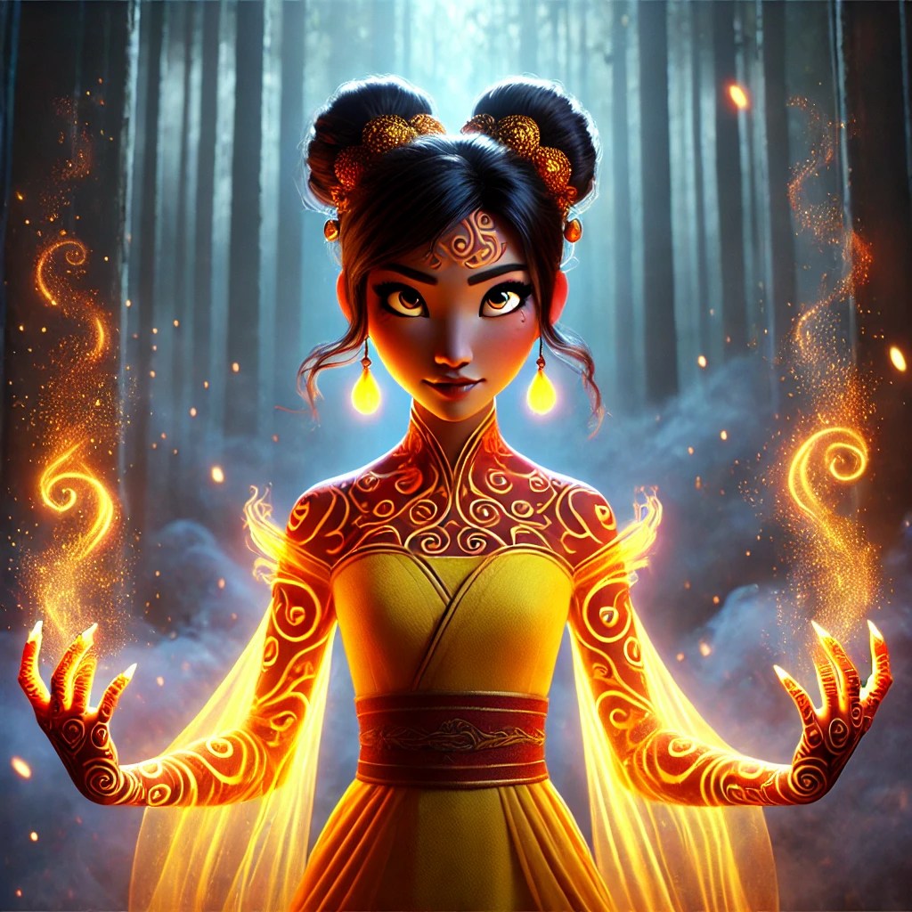 A mystical animated character with intricate glowing tattoos, wearing a yellow dress and holding shimmering magical energy in her hands, set against a dark forest backdrop.