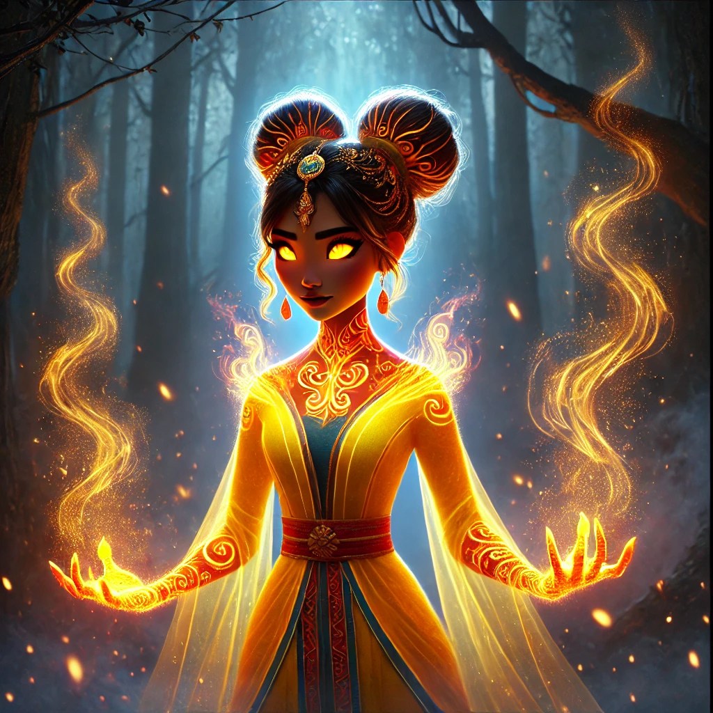 A young woman with elegant hairstyle and glowing eyes stands in a dark forest, with golden magical energy swirling around her hands.