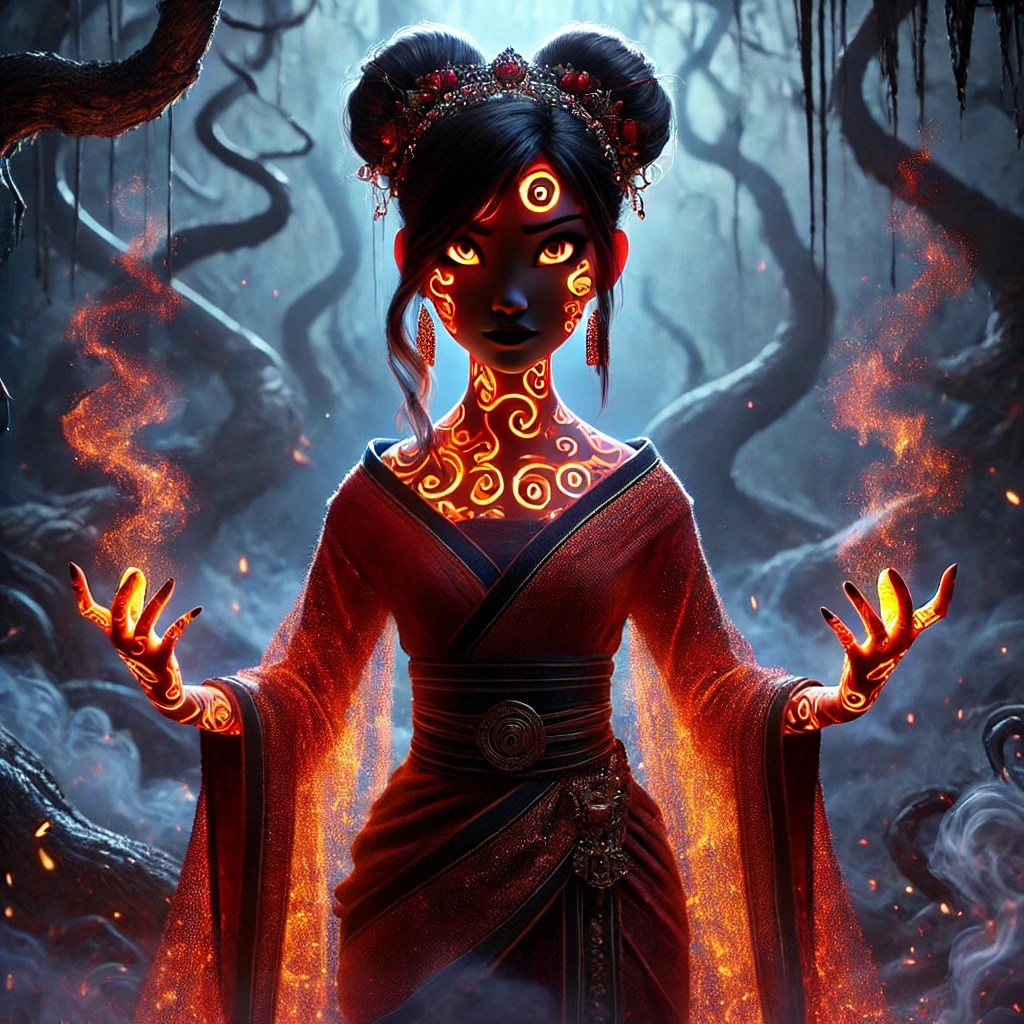 A mystical woman with glowing markings on her skin stands in a dark forest, surrounded by swirling magic. She wears a traditional red garment and has an ornate hairstyle, with sparks of energy emanating from her hands.