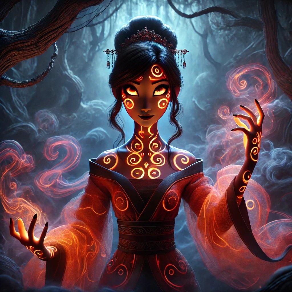 A mystical woman with glowing, swirling patterns on her skin, dressed in a traditional red robe, stands amidst a foggy forest, casting energy from her hand.