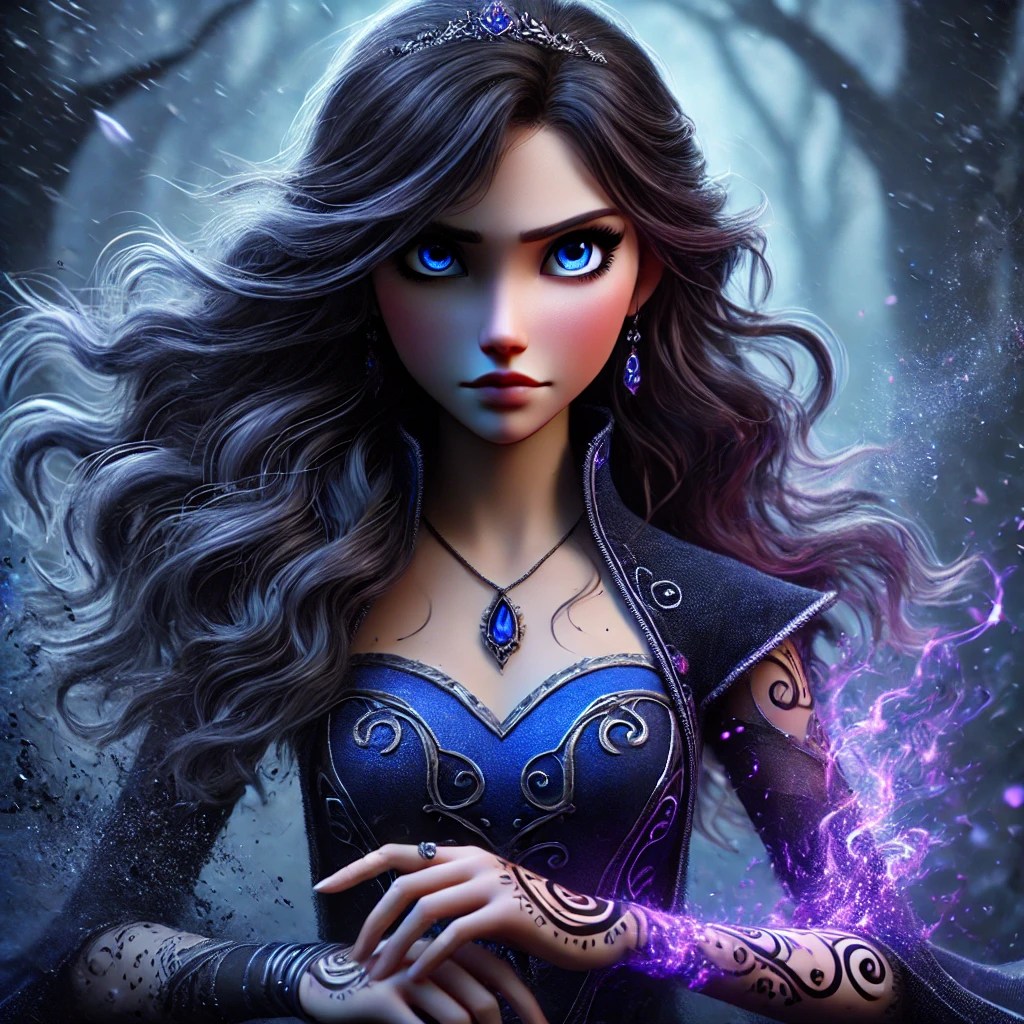 A fantasy character with long dark wavy hair and striking blue eyes, wearing a blue dress adorned with intricate silver patterns. She has a purple gemstone necklace and earrings, and a dark cloak. Magical purple energy swirls from her outstretched hand, set against a mystical forest background.