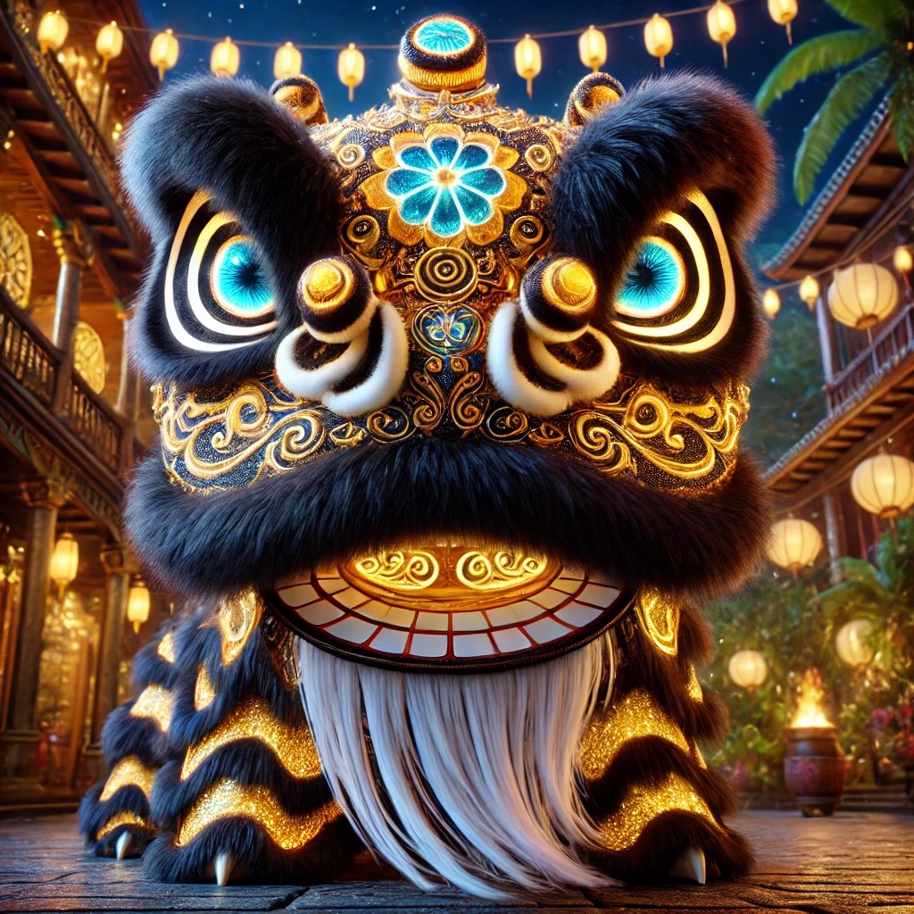 A beautifully decorated lion dance costume, featuring vibrant colours and intricate patterns, set against a backdrop of lanterns and traditional architecture.