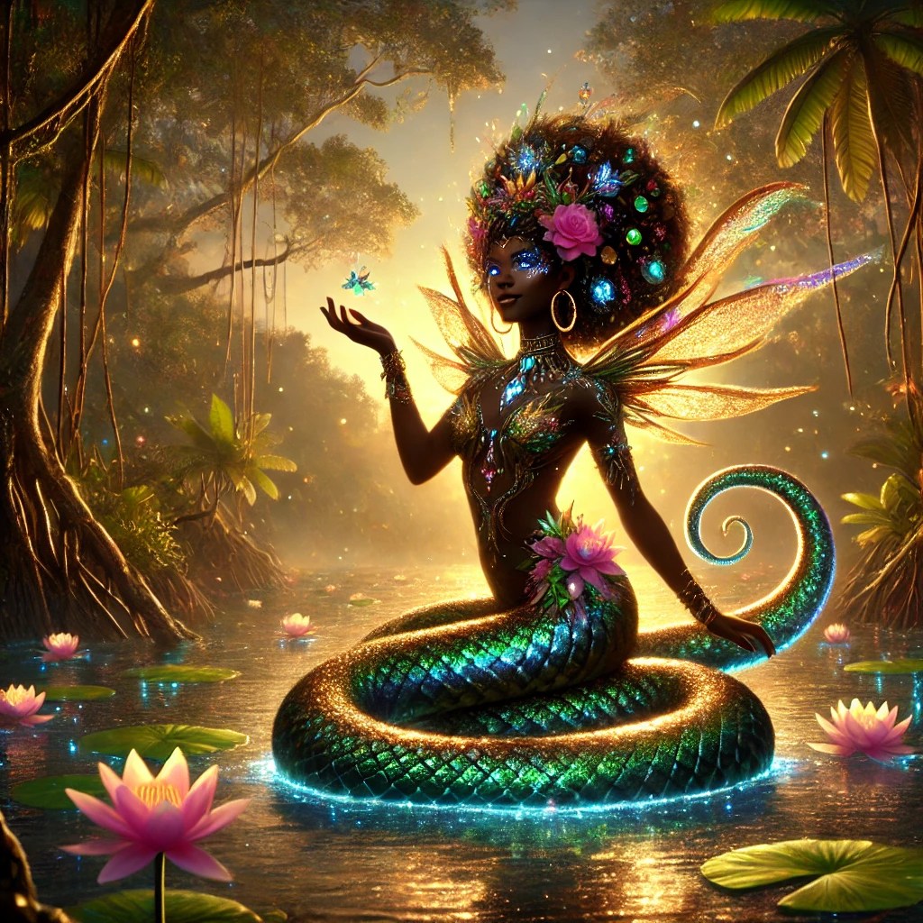 A mystical figure with a snake body and large, colourful wings, adorned with flowers and jewels, is gracefully posed in a serene river surrounded by lily pads and glowing lights.