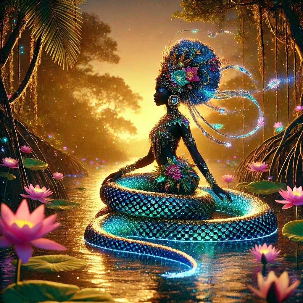 A mystical figure resembling a mermaid with ornate decorations, seated in a serene river surrounded by pink lotus flowers, with a glowing, shimmering tail, set against a vibrant sunset.