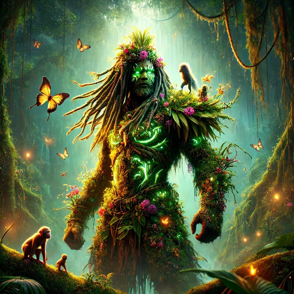 A mythical figure made of plants and flowers stands in a lush, green jungle, surrounded by butterflies and small animals, highlighting the theme of nature and magic.