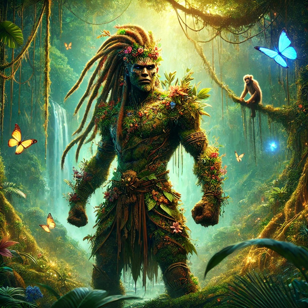 A humanoid figure adorned with foliage, flowers, and vines, standing confidently in a lush jungle with a waterfall in the background, surrounded by butterflies and a monkey perched on a branch.