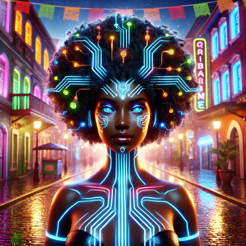 A futuristic portrait of a woman with an Afro hairstyle intricately designed with glowing circuit patterns, set against a vibrant street adorned with colourful decorations and neon lights.