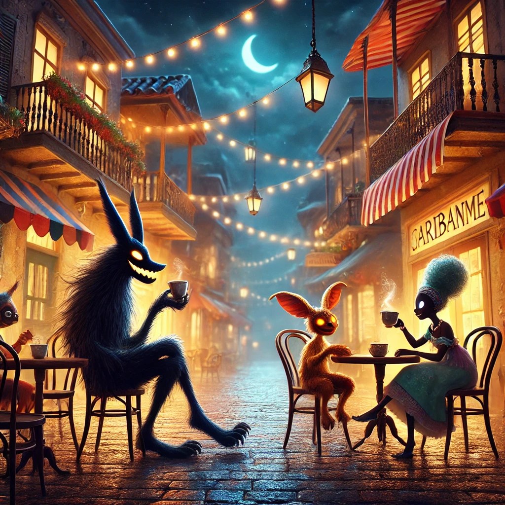 A whimsical night scene featuring a tall, dark creature with sharp teeth and glowing eyes sitting at a café table, holding a cup. Near it, a smaller, furry creature with a bright smile sits across from a character in a blue dress with a large, curly hairstyle, both enjoying their drinks in a charming, illuminated street setting.