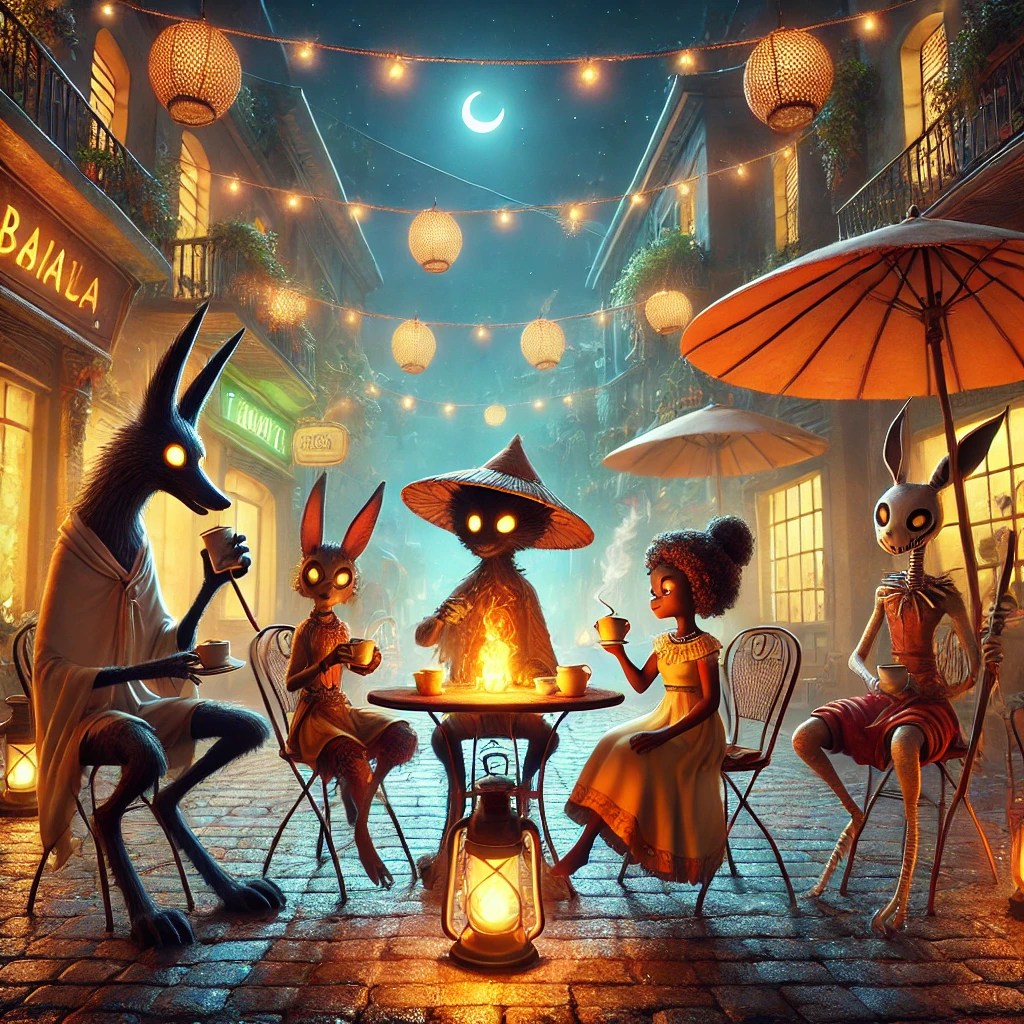 A whimsical gathering of animated characters sitting around a table with a campfire, under string lights and lanterns in a nighttime setting. The group includes a wolf-like figure, a bunny, a character in a straw hat, a girl with curly hair, and a skeletal figure, all enjoying warm drinks.