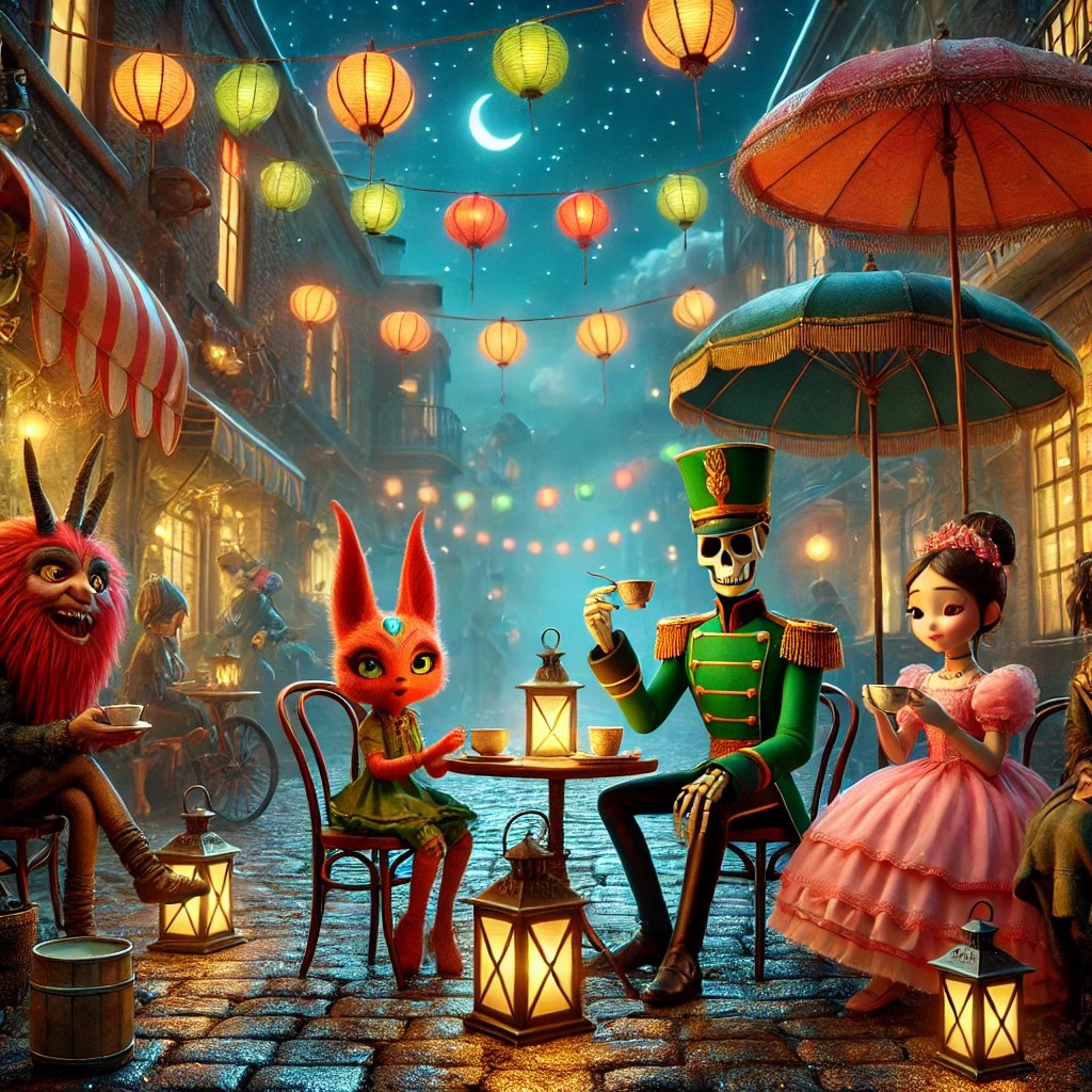 A vibrant night scene featuring animated characters gathered around a table with lanterns and umbrellas, enjoying tea in a cobbled street decorated with colourful lanterns and moonlight.