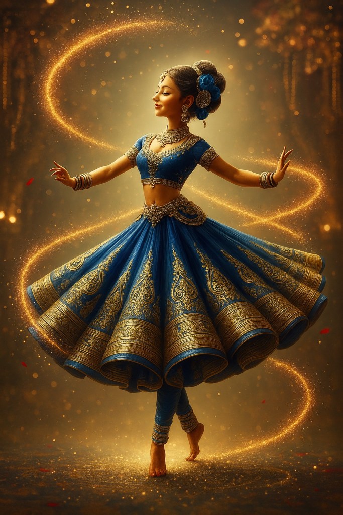 A young dancer in a blue and gold traditional outfit gracefully twirls, surrounded by swirling golden sparkles against a soft, illuminated background.