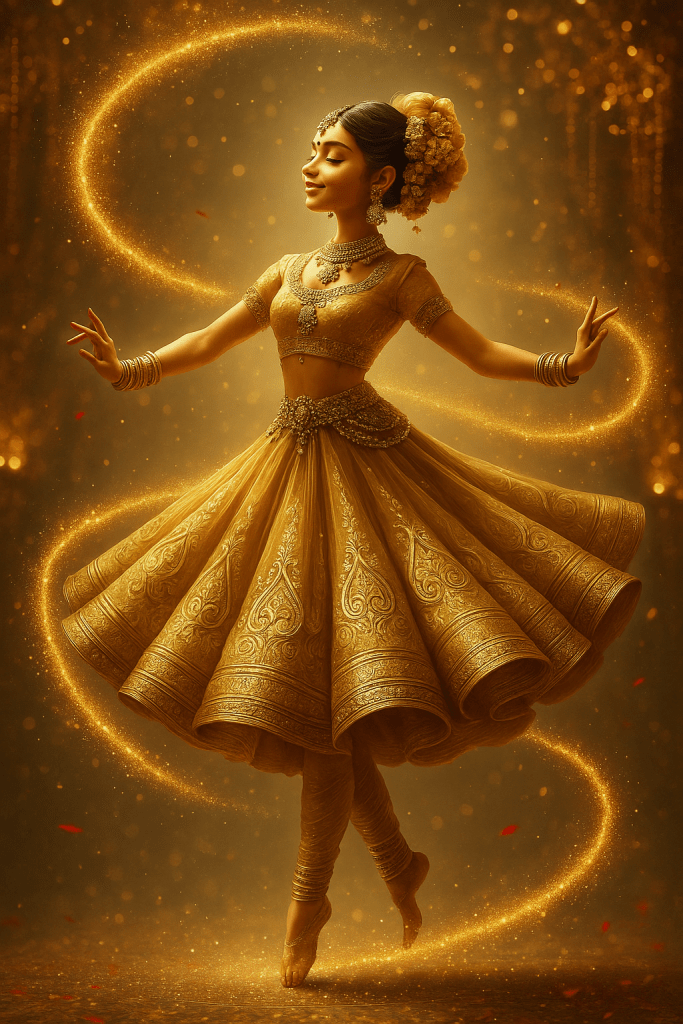 A graceful dancer in a golden outfit, performing an elegant dance amidst a shimmering golden backdrop with swirling light effects.