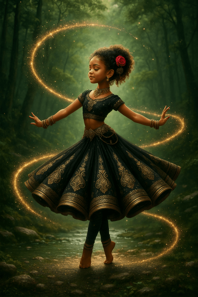 A young girl in a traditional black and gold dress, spinning gracefully in a forest with a hint of magic represented by golden swirls around her.