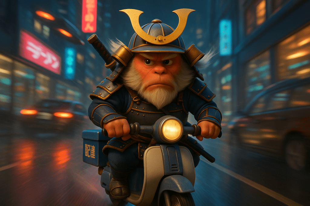 A cartoon character dressed as a samurai, riding a scooter through a city at night, with neon lights in the background.