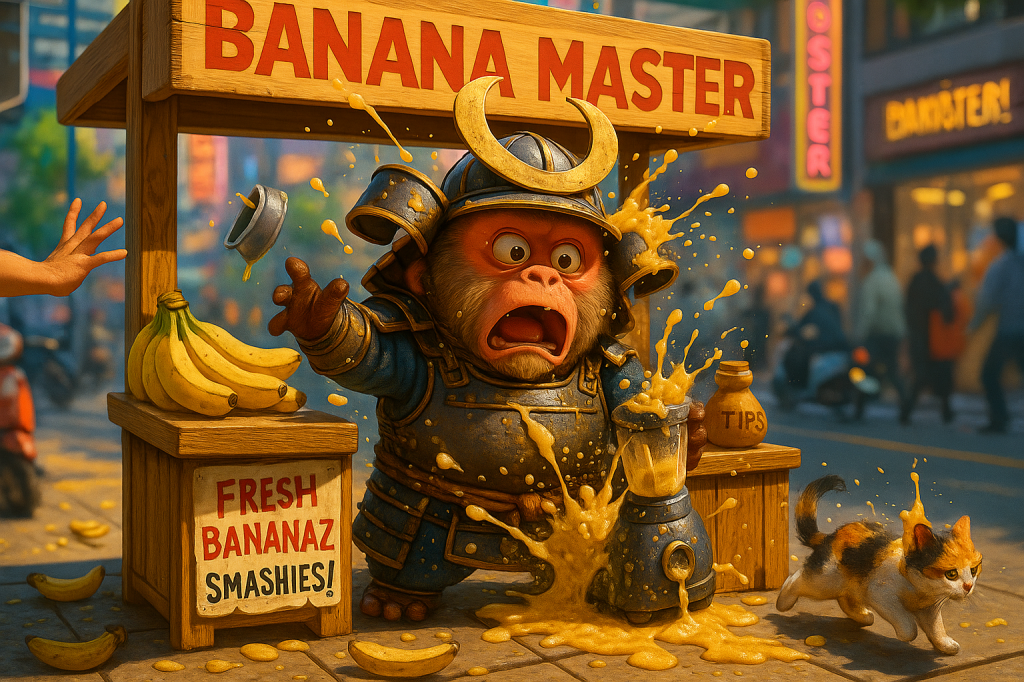 A surprised monkey dressed as a samurai stands at a fruit stall, with bananas in front and a blender spilling banana smoothie. A small cat is seen beside the stall, while a hand reaches out in the background.