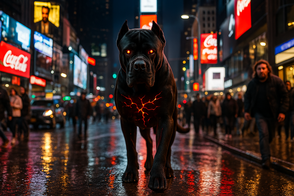 A large black dog with glowing red eyes walking through a bustling city street at night, illuminated by vibrant advertisements and reflecting rain on the ground.