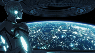 A humanoid robot gazes out of a spacecraft window at Earth and futuristic installations below, set against a starry space backdrop.