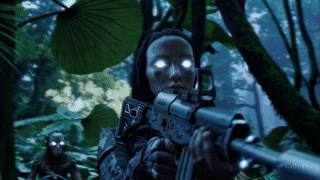 A futuristic character with glowing eyes holds a rifle in a dense, tropical jungle, while another figure appears in the background.