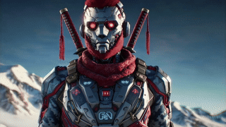 Khalsa Vanguard A futuristic robotic character with red eyes, wearing a dark suit adorned with various tactical elements, a red scarf, and traditional Japanese-style swords in a snowy mountainous landscape.
