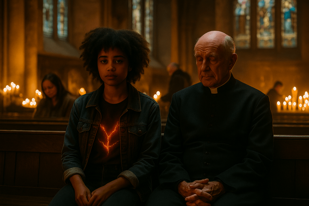 A young girl with curly hair wearing a denim jacket and a T-shirt with a lightning design sits next to an elderly priest in a dimly lit church. The background features candles and stained glass windows, creating a solemn atmosphere.
