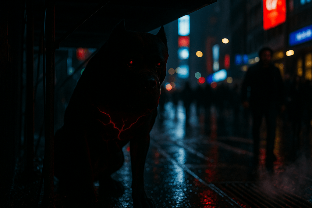 A large black dog with glowing red eyes sitting under a structure, surrounded by a rainy urban environment and blurred figures of people in the background.