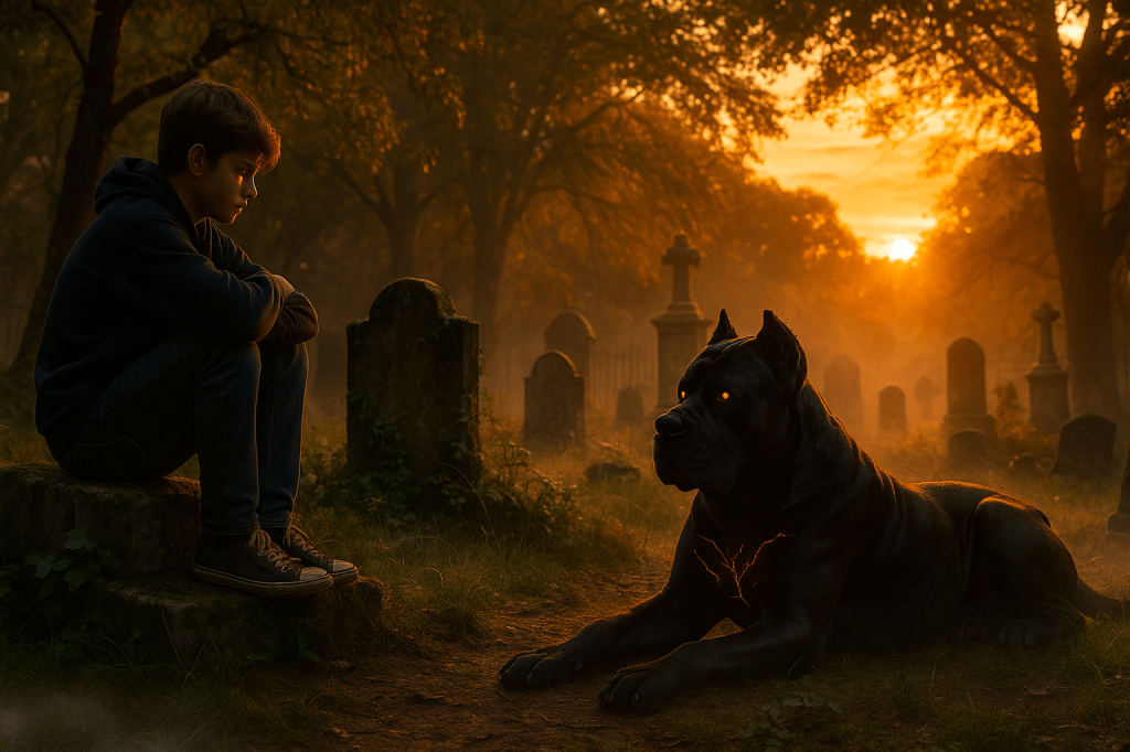 A young boy sitting on a gravestone in a misty cemetery, looking contemplatively at a large, black dog with glowing eyes, as the sun sets in the background.