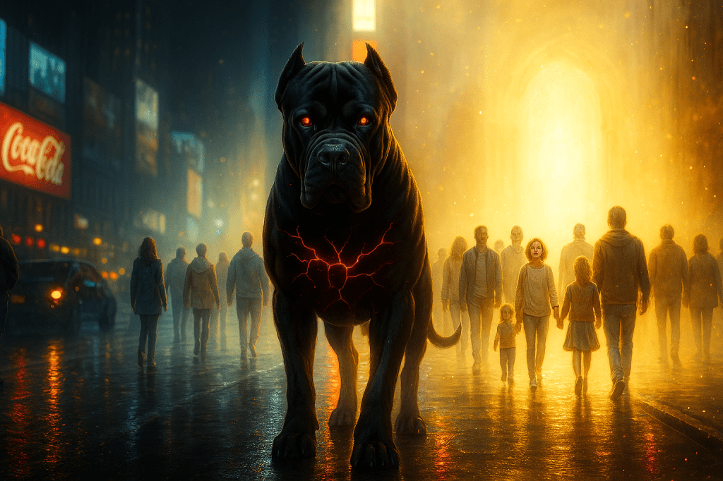 A large black dog with glowing eyes stands in the foreground, its chest marked with a red heart-like symbol. In the background, a group of people, including two children, walks through a misty, illuminated street, surrounded by city lights and reflections on wet pavement.