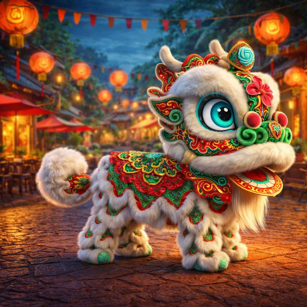 A vibrant lion dance costume character with fluffy white fur and intricate colourful patterns, set against a festive street adorned with glowing lanterns.