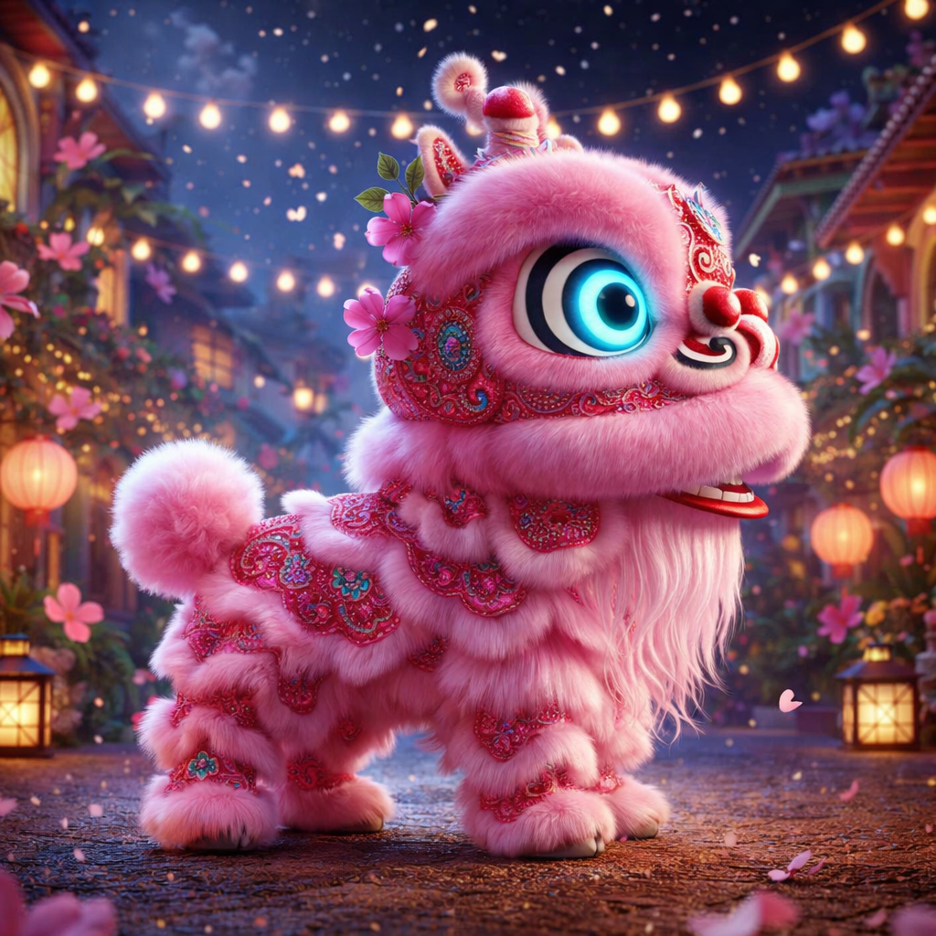 A vibrant pink lion dance costume character, adorned with flowers and intricate decorations, stands on a festive street illuminated by lanterns and fairy lights.