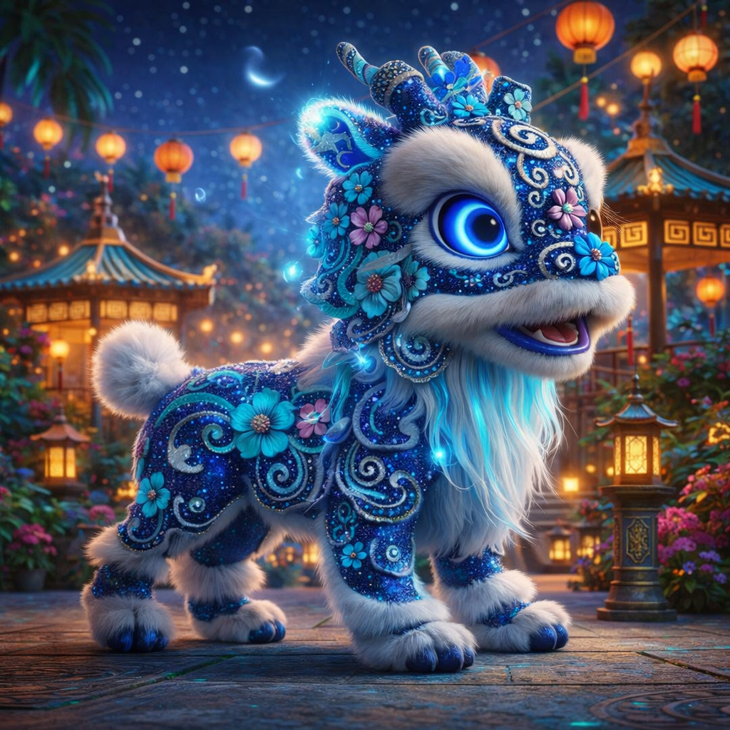 A whimsical, blue and white creature resembling a lion, adorned with floral patterns and glowing elements, set in a vibrant, lantern-lit garden.