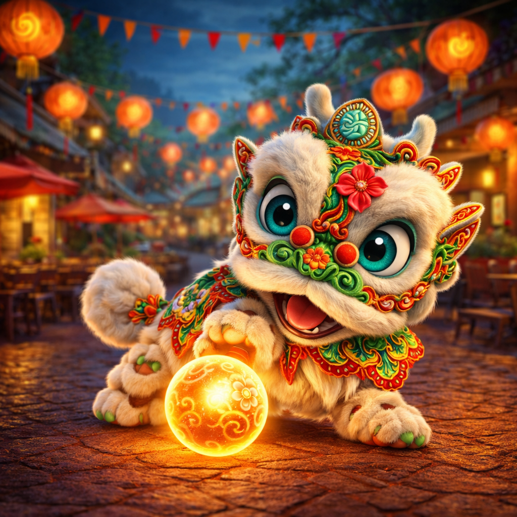 A playful lion dance puppet holding a glowing orb, set against a festive street adorned with lanterns and banners.