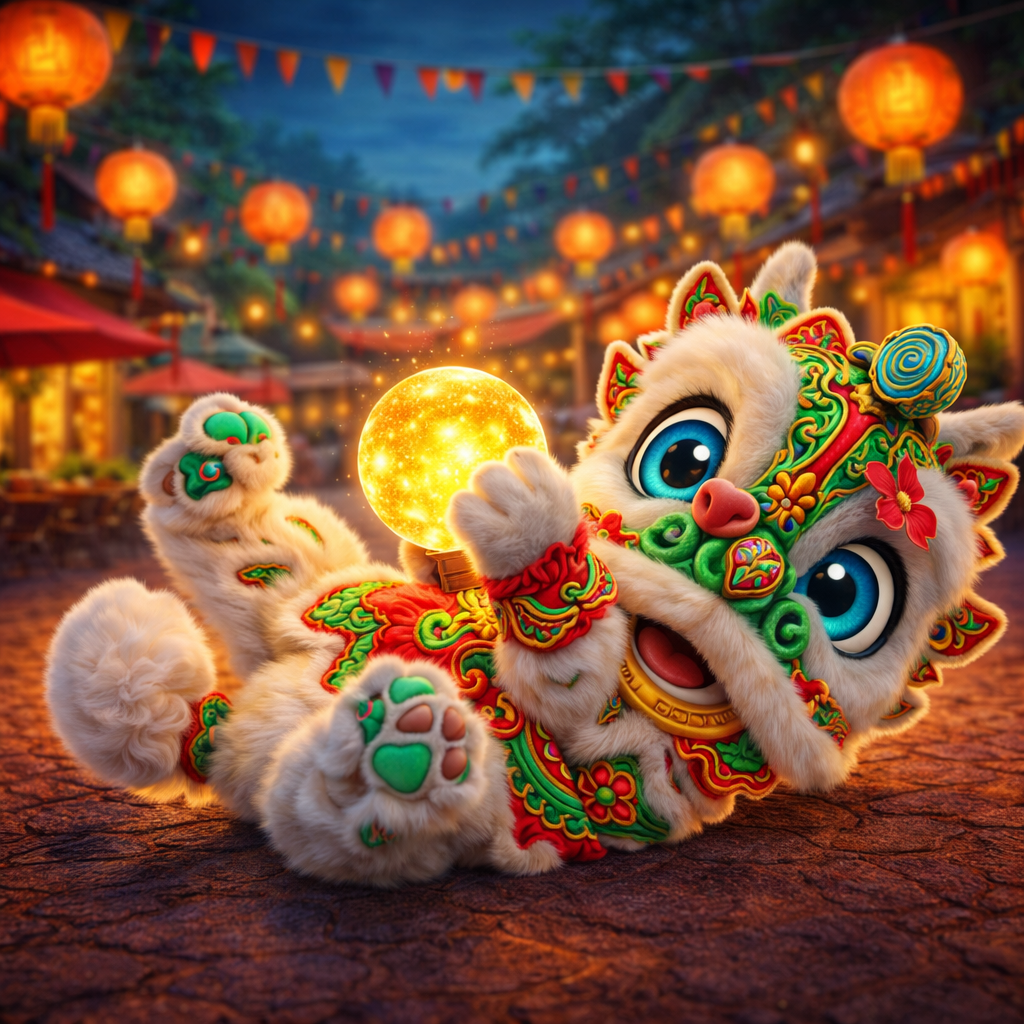 A cute lion dance costume character, decorated with vibrant colours and patterns, playfully posing while holding a glowing orb, set against a festive backdrop of lanterns and decorations.