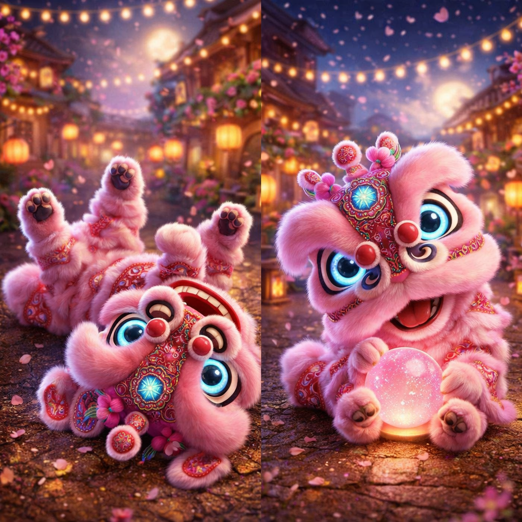 A playful pink lion dance costume character lying on its back with paws in the air, surrounded by a vibrant festive setting with lanterns and flowers. The character's expressive face features large eyes and ornate decorations.