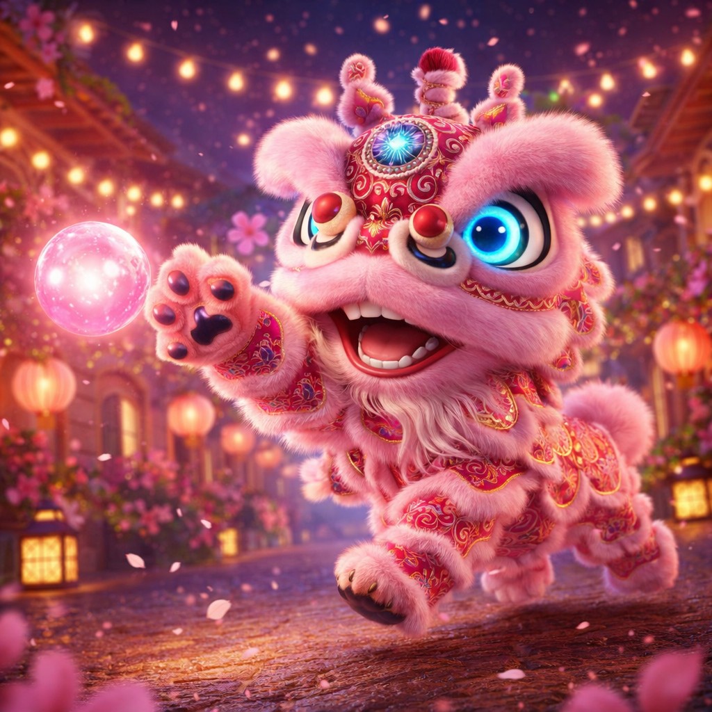 A vibrant pink lion dance costume character joyfully leaping and playfully reaching for a floating bubble, set against a festive backdrop with colourful lanterns and blooming flowers.