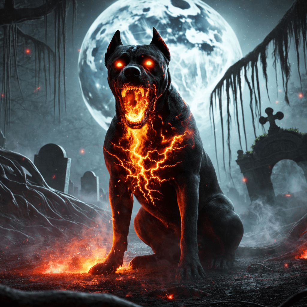 A fierce black dog with glowing orange eyes, surrounded by a dark, eerie graveyard under a full moon. The dog's body appears to emit fiery, electric-like energy.