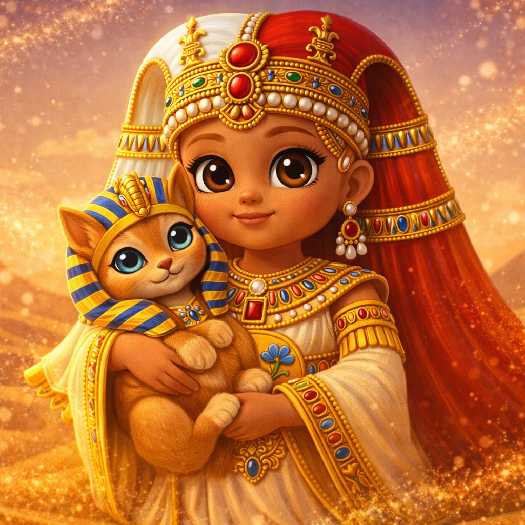 A young girl dressed in ancient Egyptian-style clothing with intricate gold jewellery is holding a ginger cat adorned with a pharaoh's headdress. The background features a sandy landscape with a golden glow.