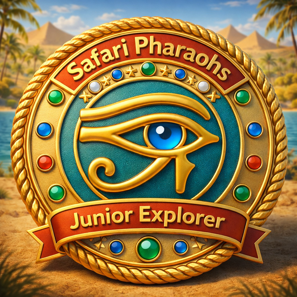 A decorative medal featuring the Eye of Horus, surrounded by colourful gemstones and the text 'Safari Pharaohs Junior Explorer'.